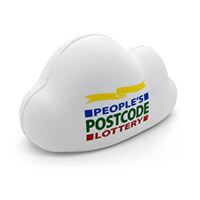An example of a flexible transfer print on a cloud shaped stress ball