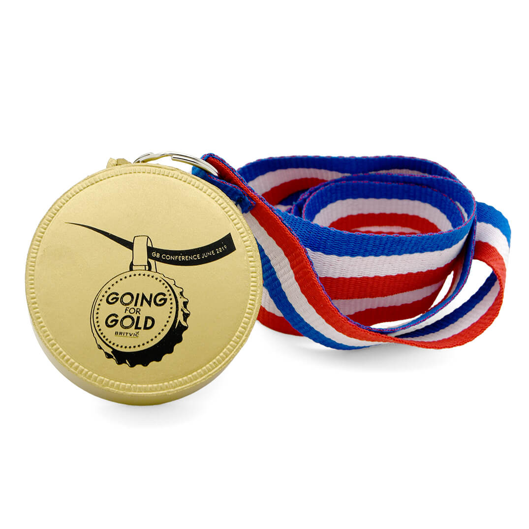 Medal Stress Ball in Gold Front View with Lanyard