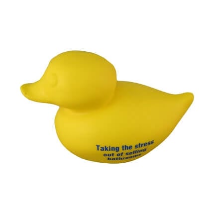 Duck stress toy side view with logo